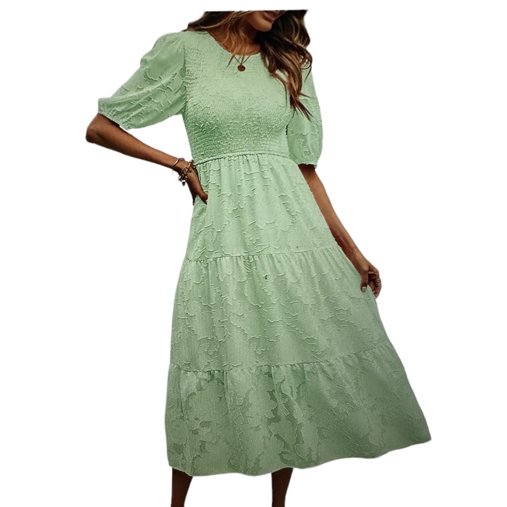 MEROKEETY Women's 2023 Summer Puff Sleeve Smocked Floral Dress Crewneck Lace